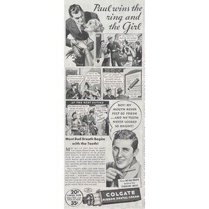 Colgate Ribbon Dental Cream Vintage Print Ad 1936 Paul Wins the Ring And Girl u